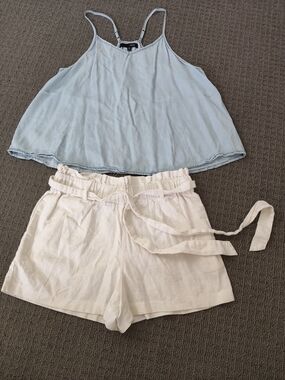 Light Blue Spaghetti Strap Tank with Cream Waist Shorts